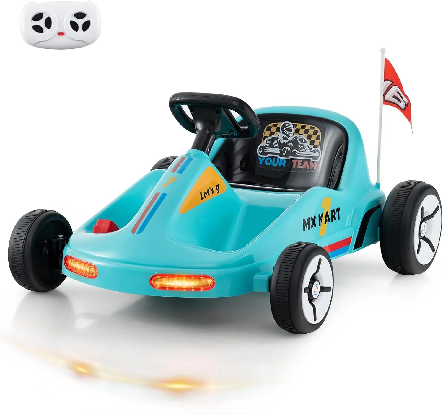 Costzon Kids Electric Go Kart, 12V 7AH Battery Powered Ride on Race Toy Car with Remote Control, LED Lights, Music, Story, Wireless Connection & Flags, Electric Pedal Kart for Aged 3 , Gift (Blue)