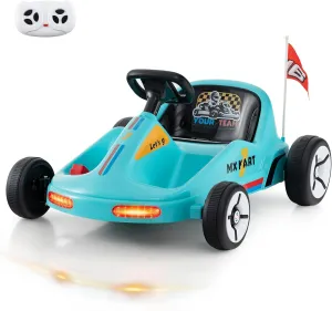 Costzon Kids Electric Go Kart, 12V 7AH Battery Powered Ride on Race Toy Car with Remote Control, LED Lights, Music, Story, Wireless Connection & Flags, Electric Pedal Kart for Aged 3 , Gift (Blue)