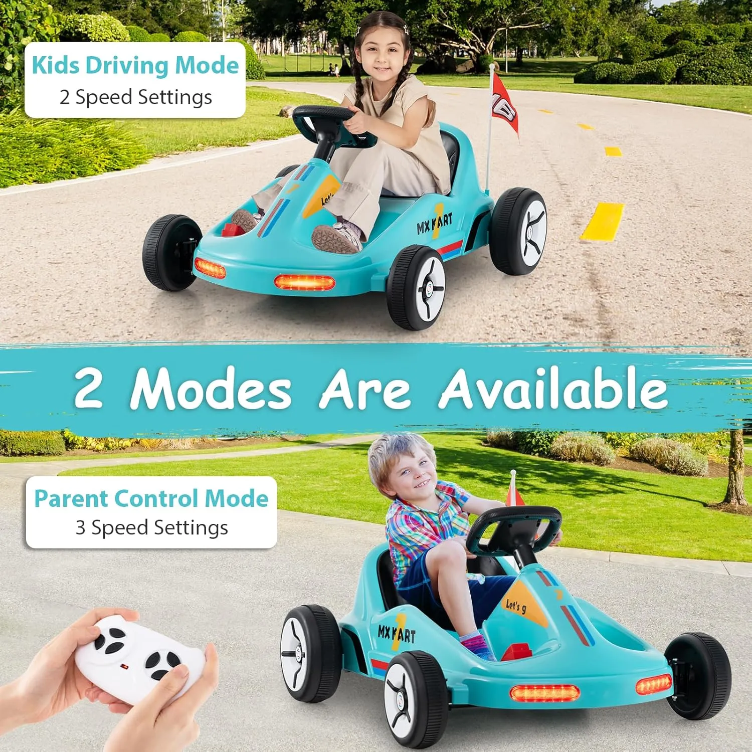 Costzon Kids Electric Go Kart, 12V 7AH Battery Powered Ride on Race Toy Car with Remote Control, LED Lights, Music, Story, Wireless Connection & Flags, Electric Pedal Kart for Aged 3 , Gift (Blue)