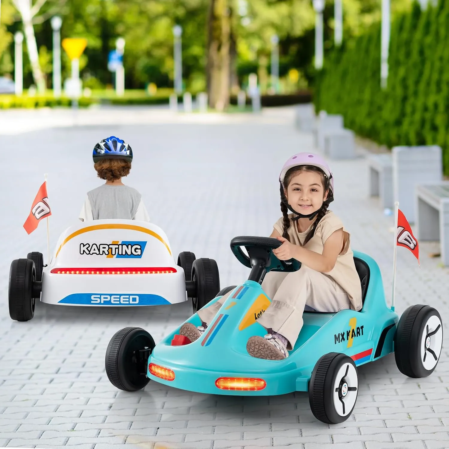 Costzon Kids Electric Go Kart, 12V 7AH Battery Powered Ride on Race Toy Car with Remote Control, LED Lights, Music, Story, Wireless Connection & Flags, Electric Pedal Kart for Aged 3 , Gift (Blue)
