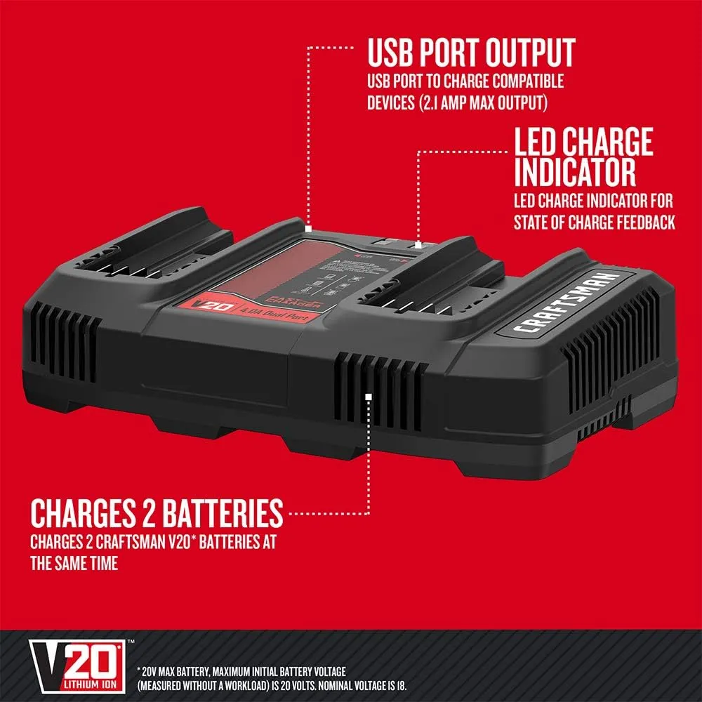 CRAFTSMAN V20 2Ah Lithium Ion Dual-Port Power Tool Battery Charger (CMCB124)