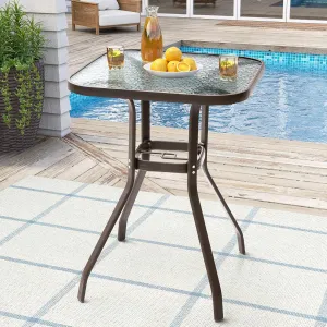 Crestlive Products Outdoor Bar Table with Umbrella Hole, Patio Dining Bistro Table with Aluminum Frame Tempered Glass Top, Outside Banquet Furniture for Garden, Pool, Deck, Lawn (Brown)
