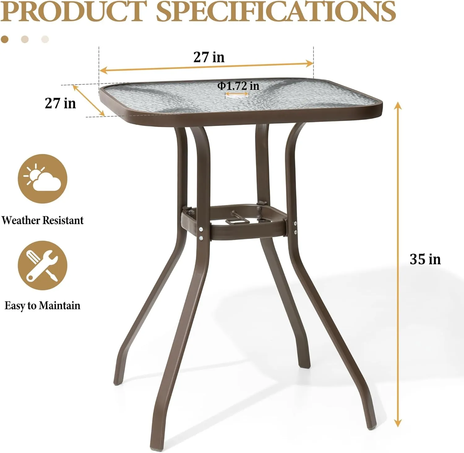 Crestlive Products Outdoor Bar Table with Umbrella Hole, Patio Dining Bistro Table with Aluminum Frame Tempered Glass Top, Outside Banquet Furniture for Garden, Pool, Deck, Lawn (Brown)