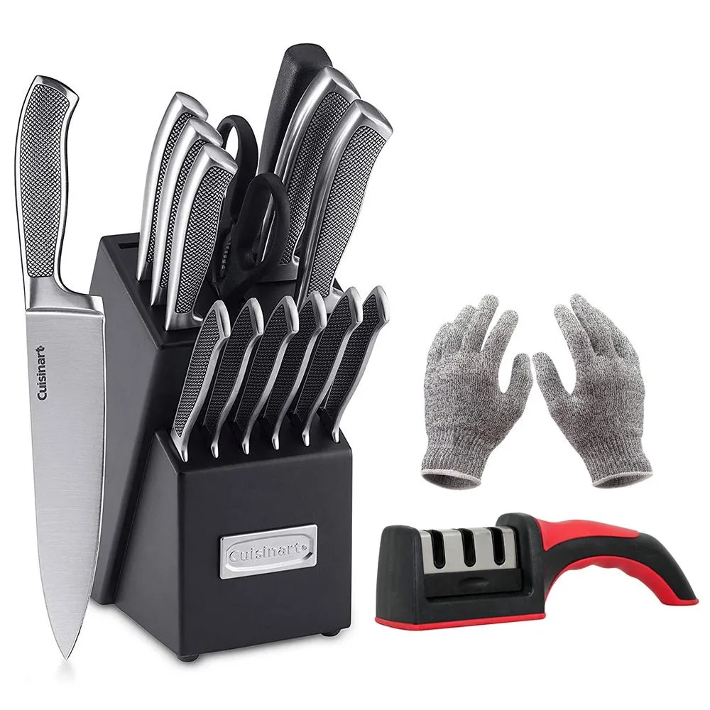 Cuisinart 15-Piece Cutlery Knife Block Set Steel with Knife Sharpener and Gloves