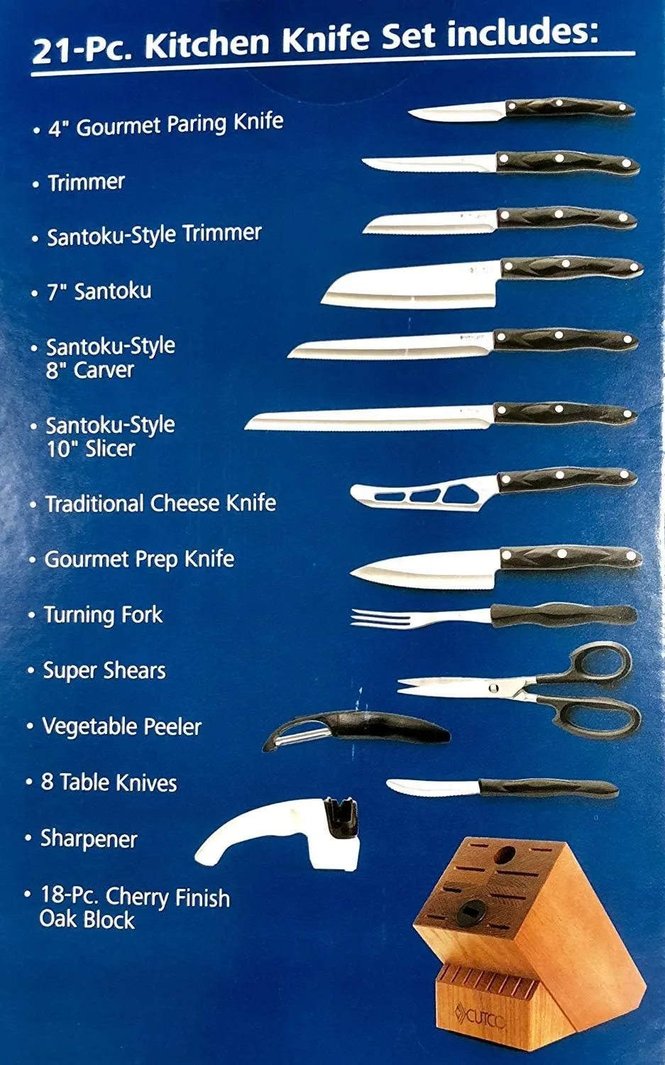 Cutco 21 Piece Kitchen Set with Cherry Finish Oak Block, 8 Table Knives, Paring, Trimmers, Santoku Chopper Chef Knife, Carver, Slicer, Cheese Knife, Turning Fork, Shears, Peeler, Sharpener