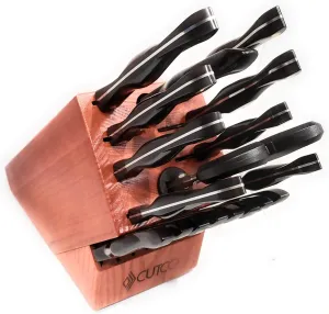 Cutco 21 Piece Kitchen Set with Cherry Finish Oak Block, 8 Table Knives, Paring, Trimmers, Santoku Chopper Chef Knife, Carver, Slicer, Cheese Knife, Turning Fork, Shears, Peeler, Sharpener