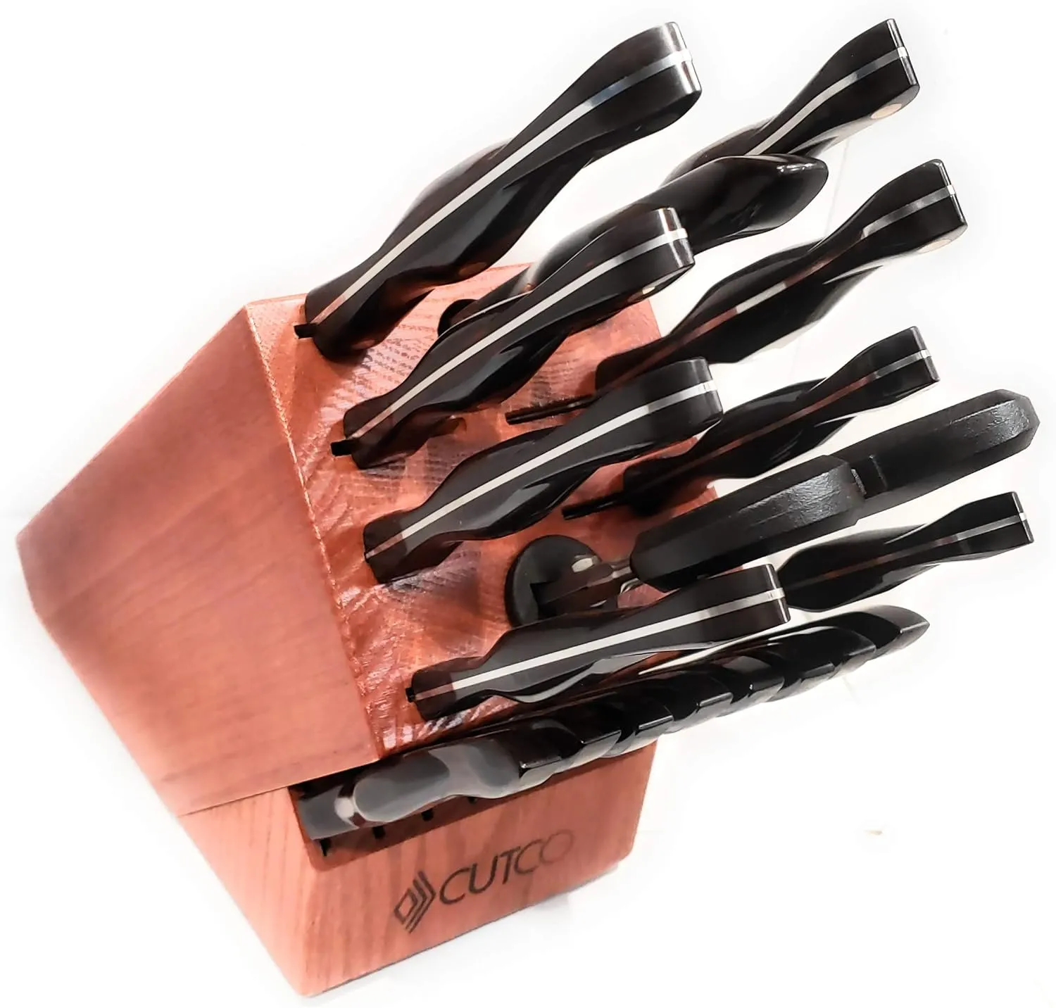 Cutco 21 Piece Kitchen Set with Cherry Finish Oak Block, 8 Table Knives, Paring, Trimmers, Santoku Chopper Chef Knife, Carver, Slicer, Cheese Knife, Turning Fork, Shears, Peeler, Sharpener