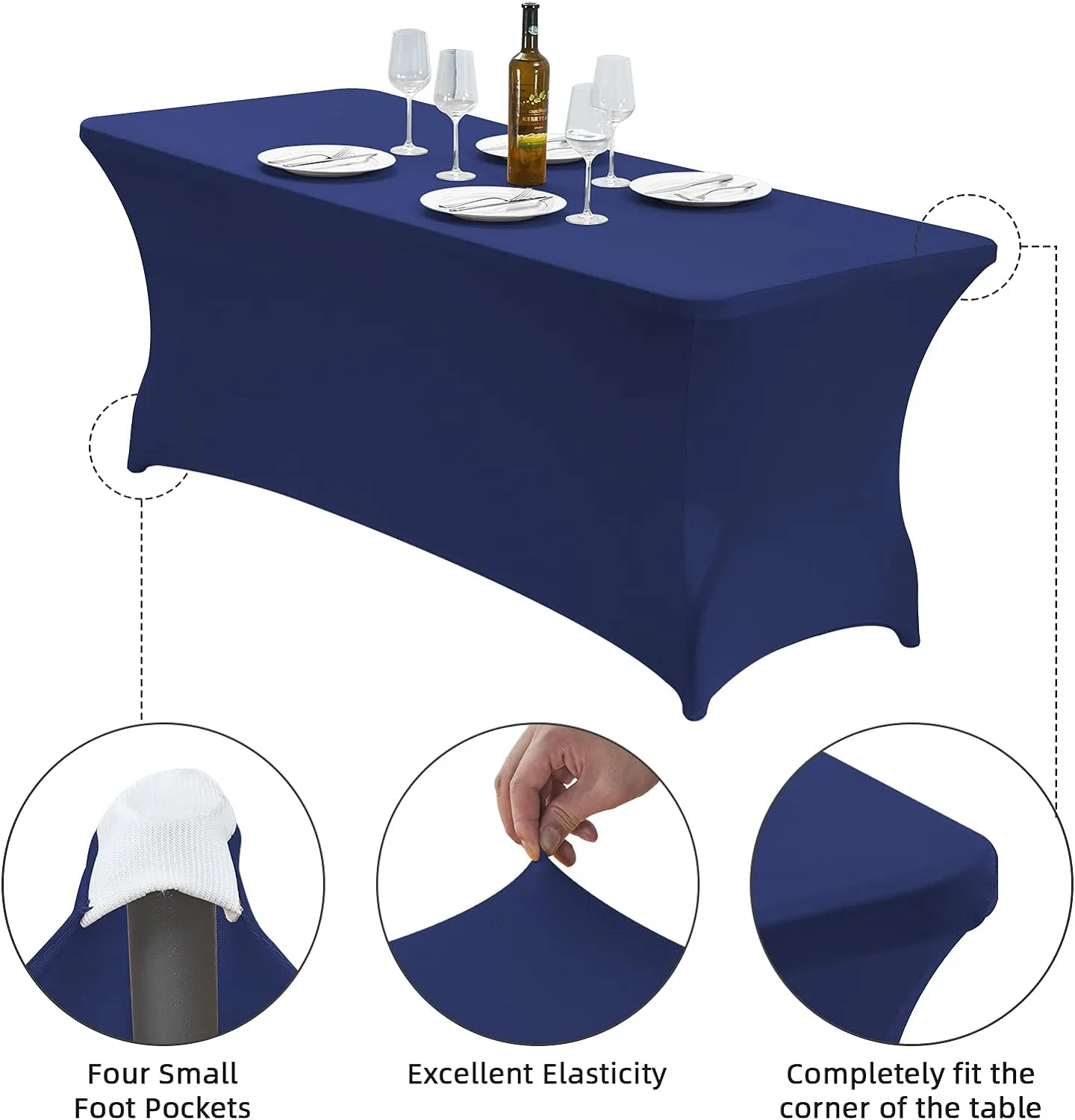 CWK 6FT Stretch Spandex Table Cover for Rectangular Tables - Elastic Fitted Tablecloth for Folding Tables, Wrinkle Resistant, Durable Table Protector for Parties, Weddings, Banquets & Events (Blue)