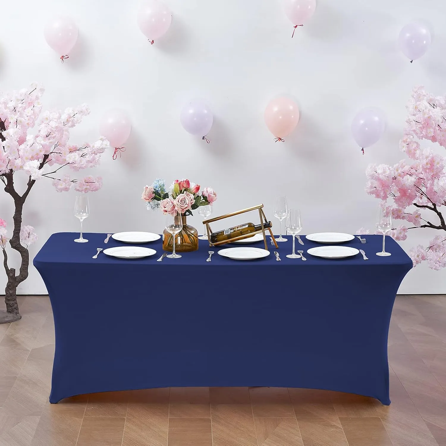 CWK 6FT Stretch Spandex Table Cover for Rectangular Tables - Elastic Fitted Tablecloth for Folding Tables, Wrinkle Resistant, Durable Table Protector for Parties, Weddings, Banquets & Events (Blue)