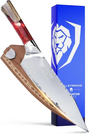 Dalstrong Chef Knife - 8 inch - Valhalla Series - 9CR18MOV HC Steel Kitchen Knife - Red Resin & Wood Handle - Razor Sharp Kitchen Knife - Cooking Knife - Chef's Knife - w/Leather Sheath
