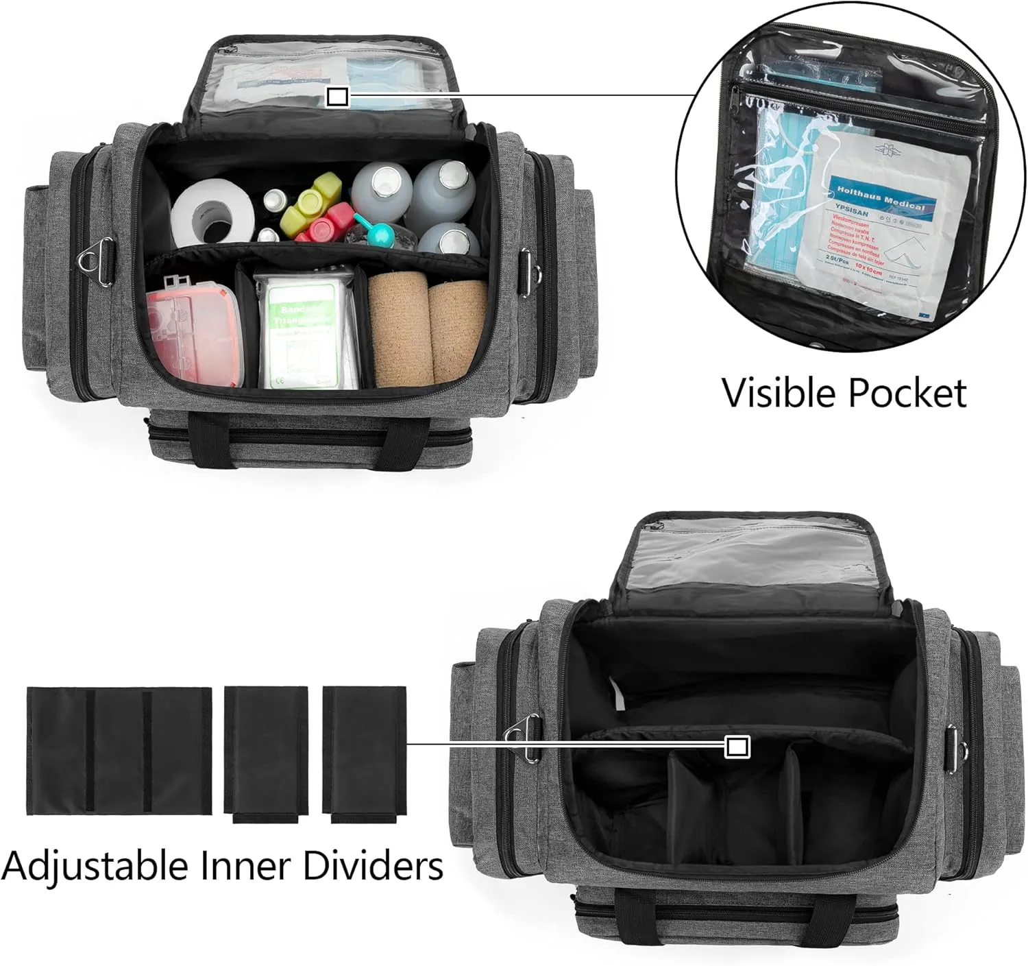 Damero Professional Medical Bag Empty, First Responder Trauma Bag with Detachable Dividers for Home Health Care, EMT, EMS, Gray(BAG ONLY)