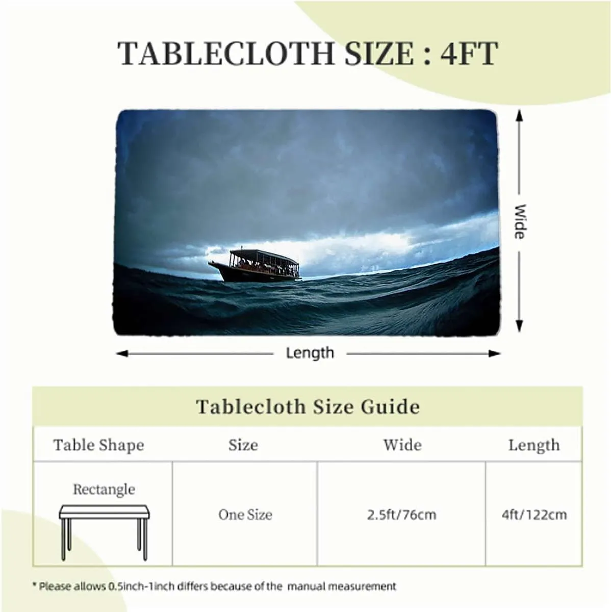 Dark Blue White Elastic Fitted Tablecloths, Boat Drifting in Ocean Full Moon Night Wooden Boards Oil Proof Waterproof Tablecloth for Picnic Party Fishing Fits up 4 Foot Tables