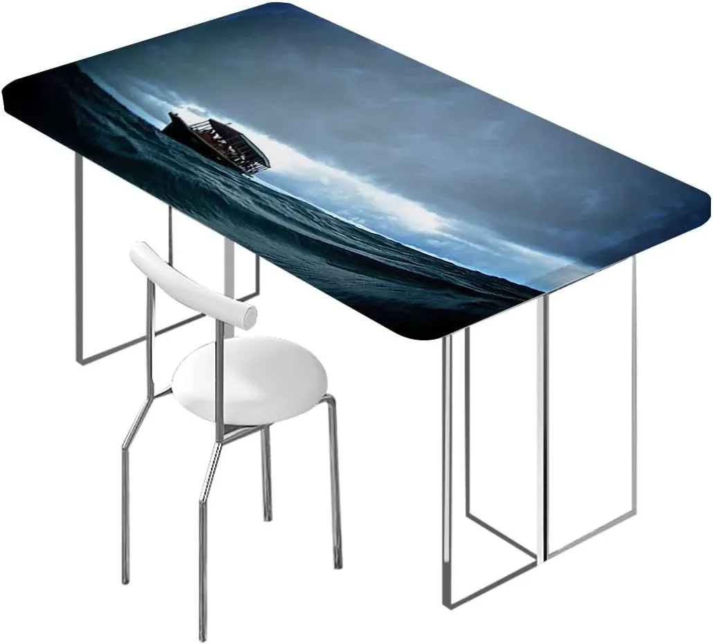 Dark Blue White Elastic Fitted Tablecloths, Boat Drifting in Ocean Full Moon Night Wooden Boards Oil Proof Waterproof Tablecloth for Picnic Party Fishing Fits up 4 Foot Tables