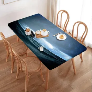 Dark Blue White Elastic Fitted Tablecloths, Boat Drifting in Ocean Full Moon Night Wooden Boards Oil Proof Waterproof Tablecloth for Picnic Party Fishing Fits up 4 Foot Tables