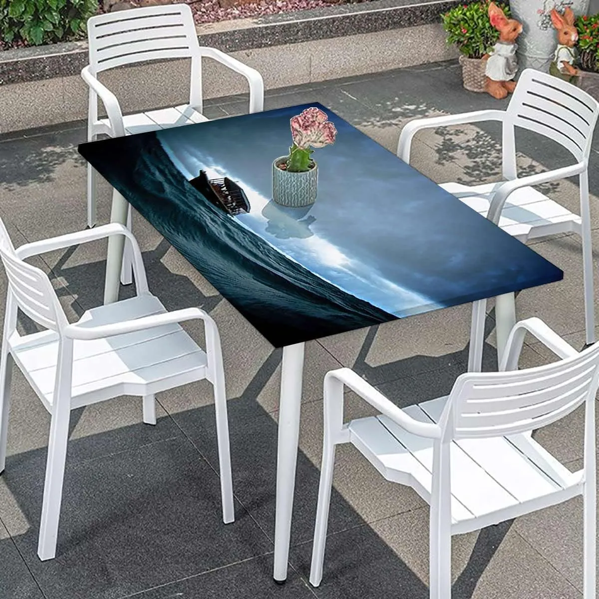 Dark Blue White Elastic Fitted Tablecloths, Boat Drifting in Ocean Full Moon Night Wooden Boards Oil Proof Waterproof Tablecloth for Picnic Party Fishing Fits up 4 Foot Tables
