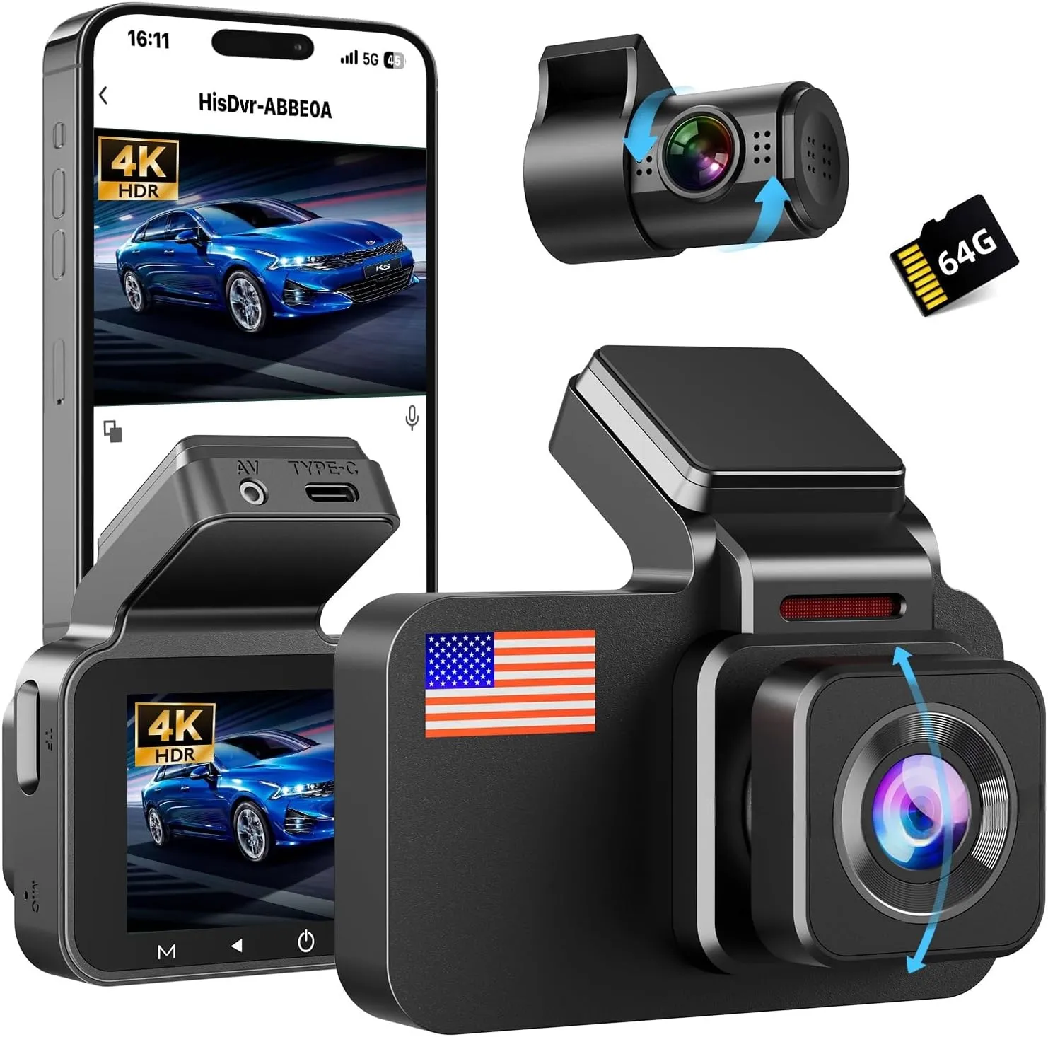 Dash Cam Front and Rear, 4K 1080P Dual Car Camera, WiFi Dash Camera, Dash Cam with App for Phone, 3" IPS Screen, Night Vision, G-Sensor, Loop Recording, WDR, Free 64GB Micro SD Card Included