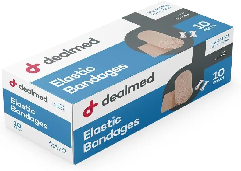 Dealmed 3" Elastic Bandage Wrap with Clip Closure – 50 Elastic Bandages, 4.5 Yards Stretched Compression Bandage Wrap, Wound Care Product for First Aid Kit and Medical Facilities