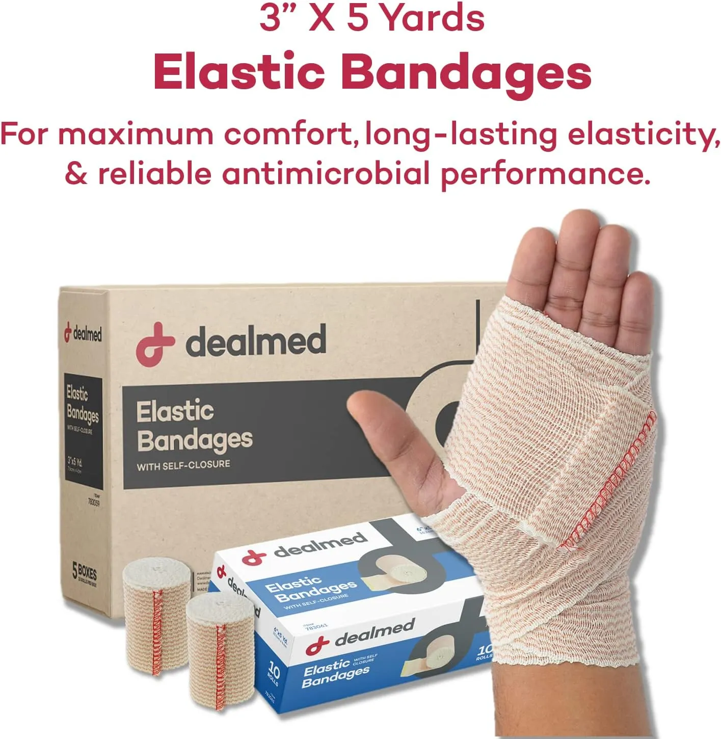 Dealmed 3" Elastic Bandage Wrap with Self-Closure – 50 Elastic Bandages, 5 Yards Stretched Compression Bandage Wrap, Wound Care Product for First Aid Kit and Medical Facilities