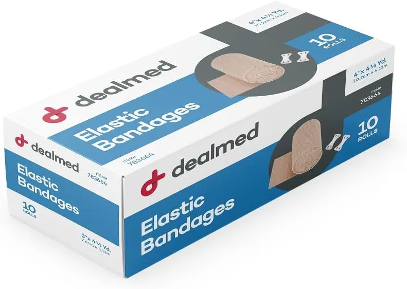 Dealmed 4" Elastic Bandage Wrap with Clip Closure – 50 Elastic Bandages, 4.5 Yards Stretched Compression Bandage Wrap, Wound Care Product for First Aid Kit and Medical Facilities