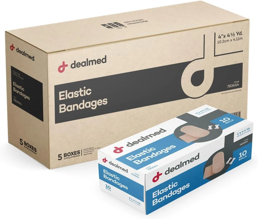 Dealmed 4" Elastic Bandage Wrap with Clip Closure – 50 Elastic Bandages, 4.5 Yards Stretched Compression Bandage Wrap, Wound Care Product for First Aid Kit and Medical Facilities