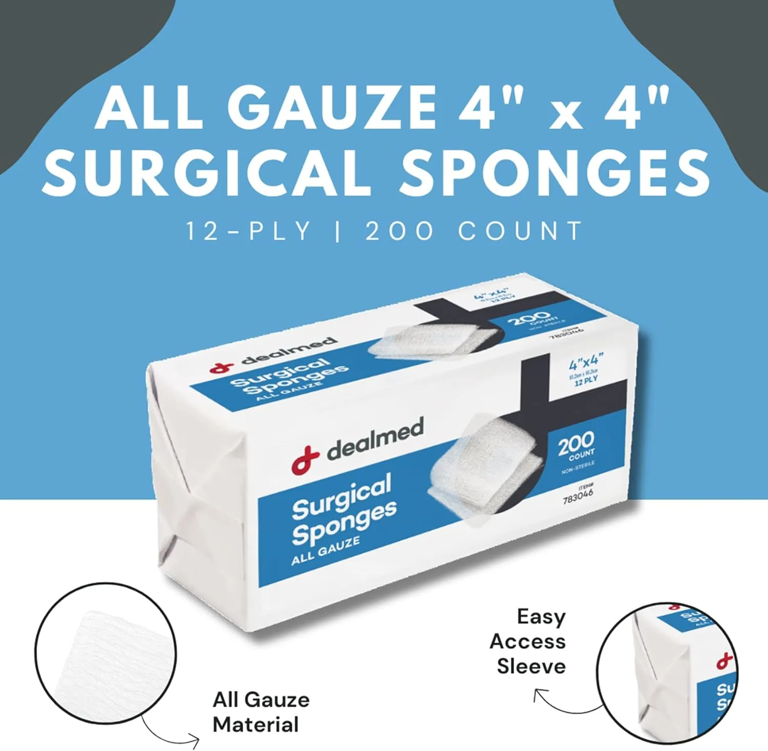Dealmed 4" x 4" Surgical Sponges, 12-Ply, Absorbent Woven Gauze Pads, Non-Sterile Wound Care for First Aid Kit and Medical Facilities, 200 Count (Case of 10)