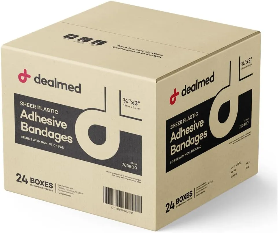 Dealmed Sheer Plastic Flexible Adhesive Bandages – 100 Count (24 Pack) Bandages with Non-Stick Pad, Latex Free, Wound Care for First Aid Kit, 3" x 3/4"