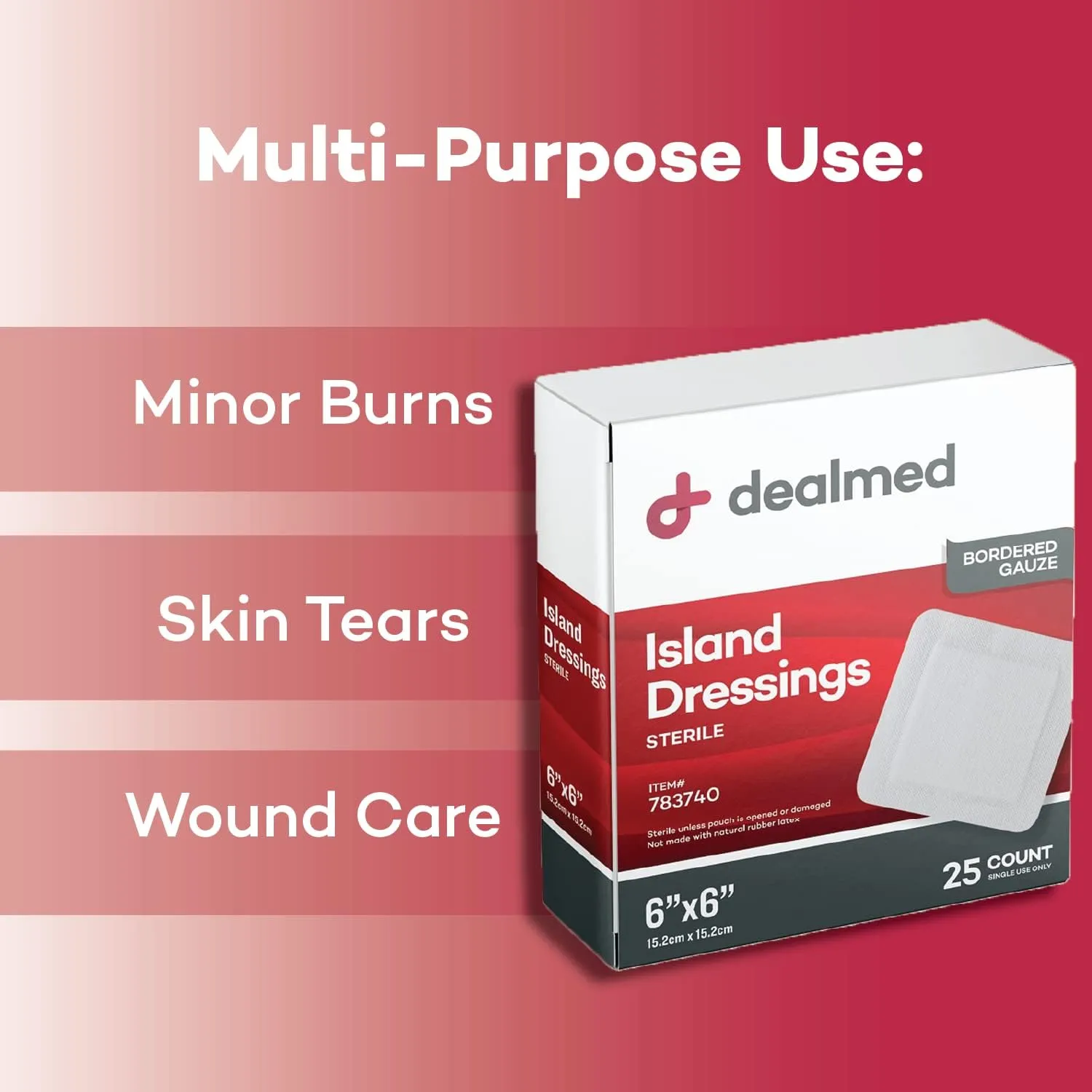Dealmed Sterile Gauze Island Wound Dressing 6" x 6" Gauze Pads, Disposable, Latex-Free, Adhesive Borders with Non-Stick Pads First Aid Kit and Medical Facilities 25 Count
