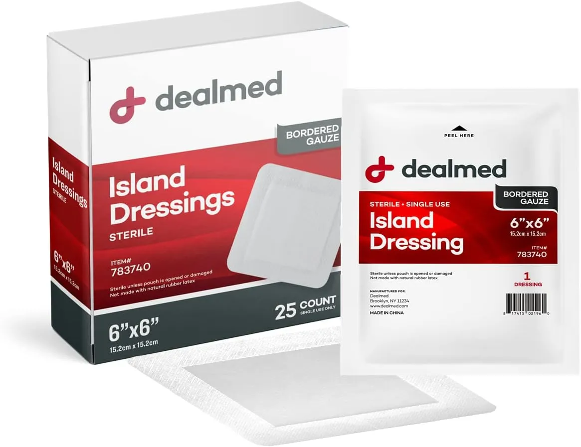 Dealmed Sterile Gauze Island Wound Dressing 6" x 6" Gauze Pads, Disposable, Latex-Free, Adhesive Borders with Non-Stick Pads First Aid Kit and Medical Facilities 25 Count