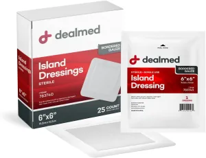 Dealmed Sterile Gauze Island Wound Dressing 6" x 6" Gauze Pads, Disposable, Latex-Free, Adhesive Borders with Non-Stick Pads First Aid Kit and Medical Facilities 25 Count