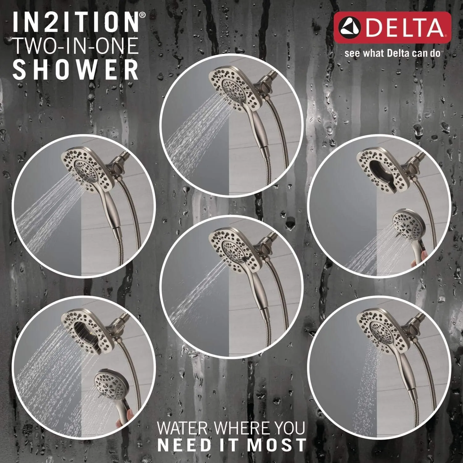 Delta Faucet Ashlyn 17 Series Dual-Function Shower Trim Kit with 2-Spray Touch-Clean In2ition 2-in-1 Hand Held Shower Head with Hose, Stainless T17264-SS-I (Valve Not Included)