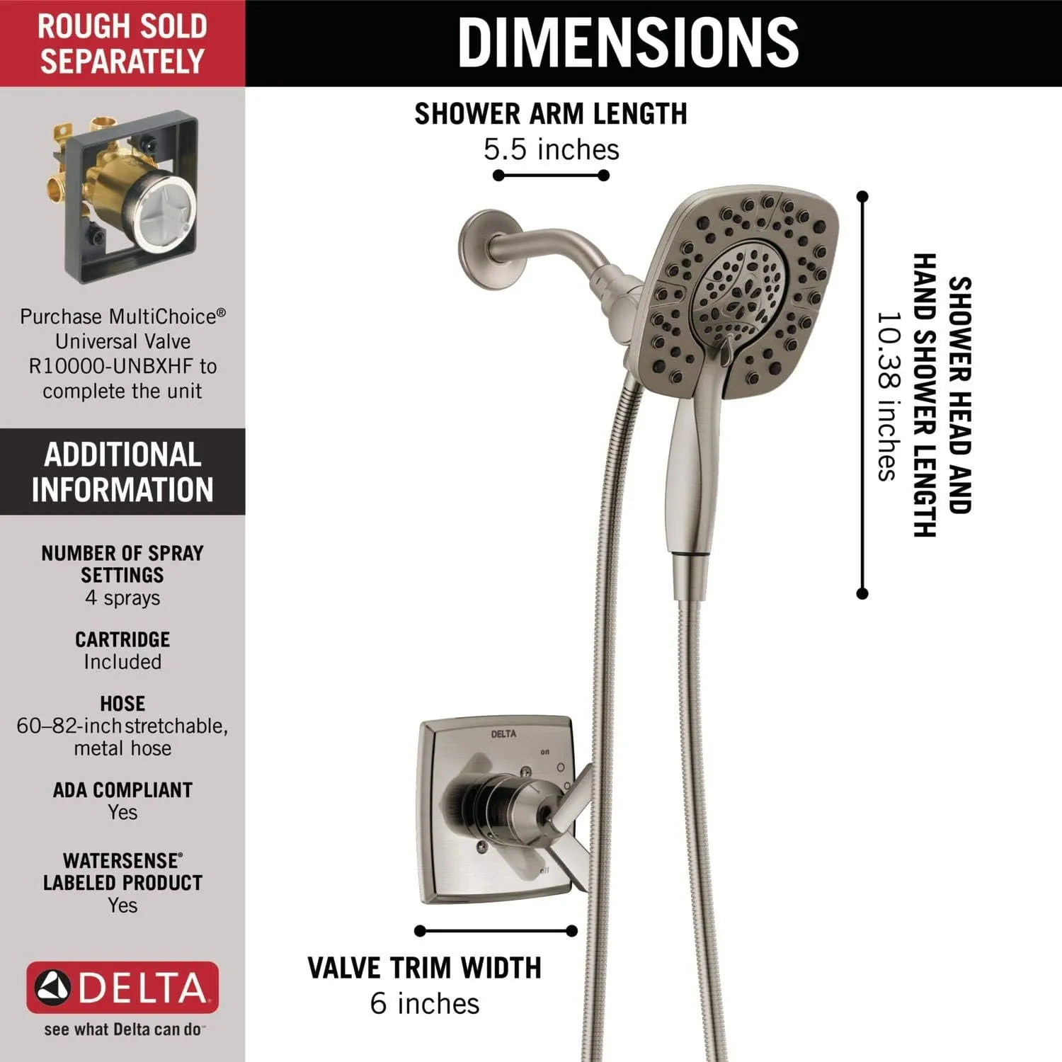 Delta Faucet Ashlyn 17 Series Dual-Function Shower Trim Kit with 2-Spray Touch-Clean In2ition 2-in-1 Hand Held Shower Head with Hose, Stainless T17264-SS-I (Valve Not Included)