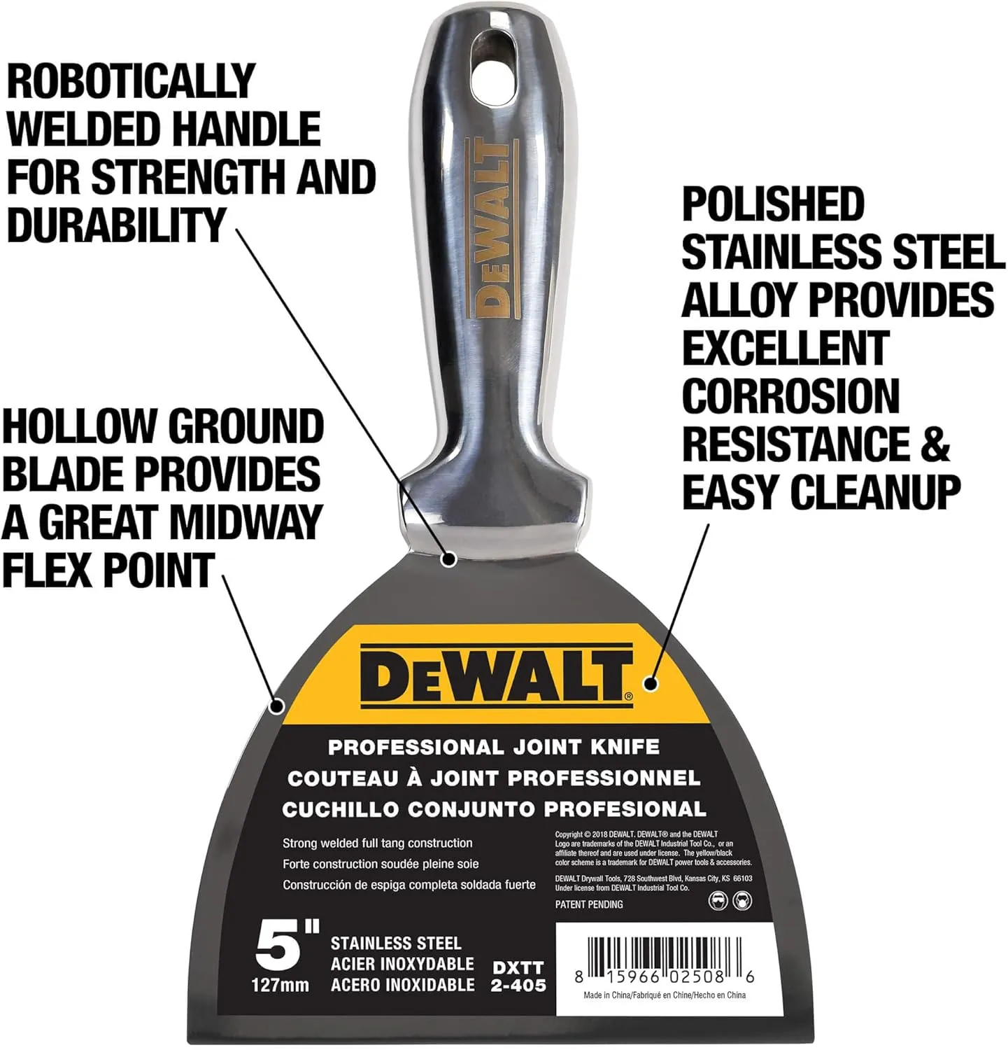 DEWALT 5" All Stainless Steel Joint Knife | One-Piece Premium Polished Metal Putty Blade | 2-405