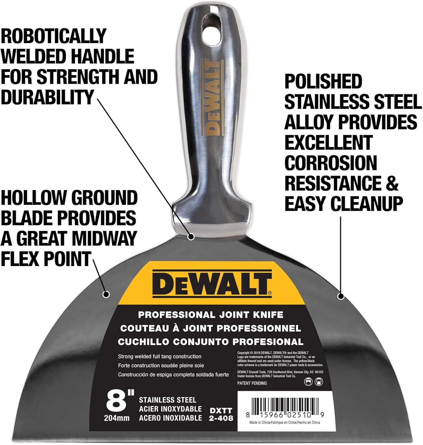 DEWALT 8" All Stainless Steel Joint Knife | One-Piece Premium Polished Metal Putty Blade | 2-408