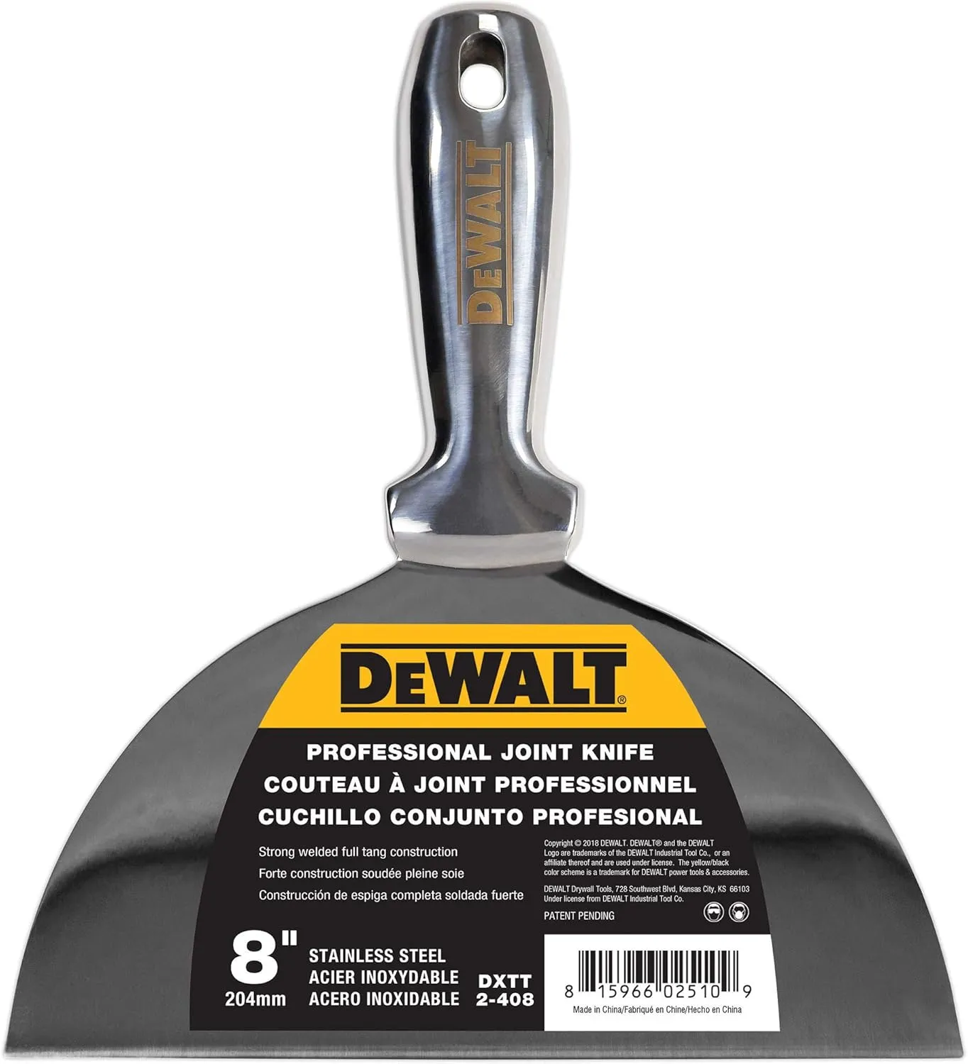 DEWALT 8" All Stainless Steel Joint Knife | One-Piece Premium Polished Metal Putty Blade | 2-408