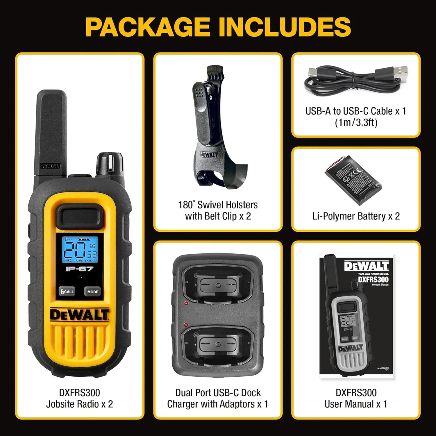 DEWALT DXFRS300 1 Watt Heavy Duty Walkie Talkies - Waterproof, Shock Resistant, Long Range & Rechargeable Two-Way Radio with VOX (2 Pack)