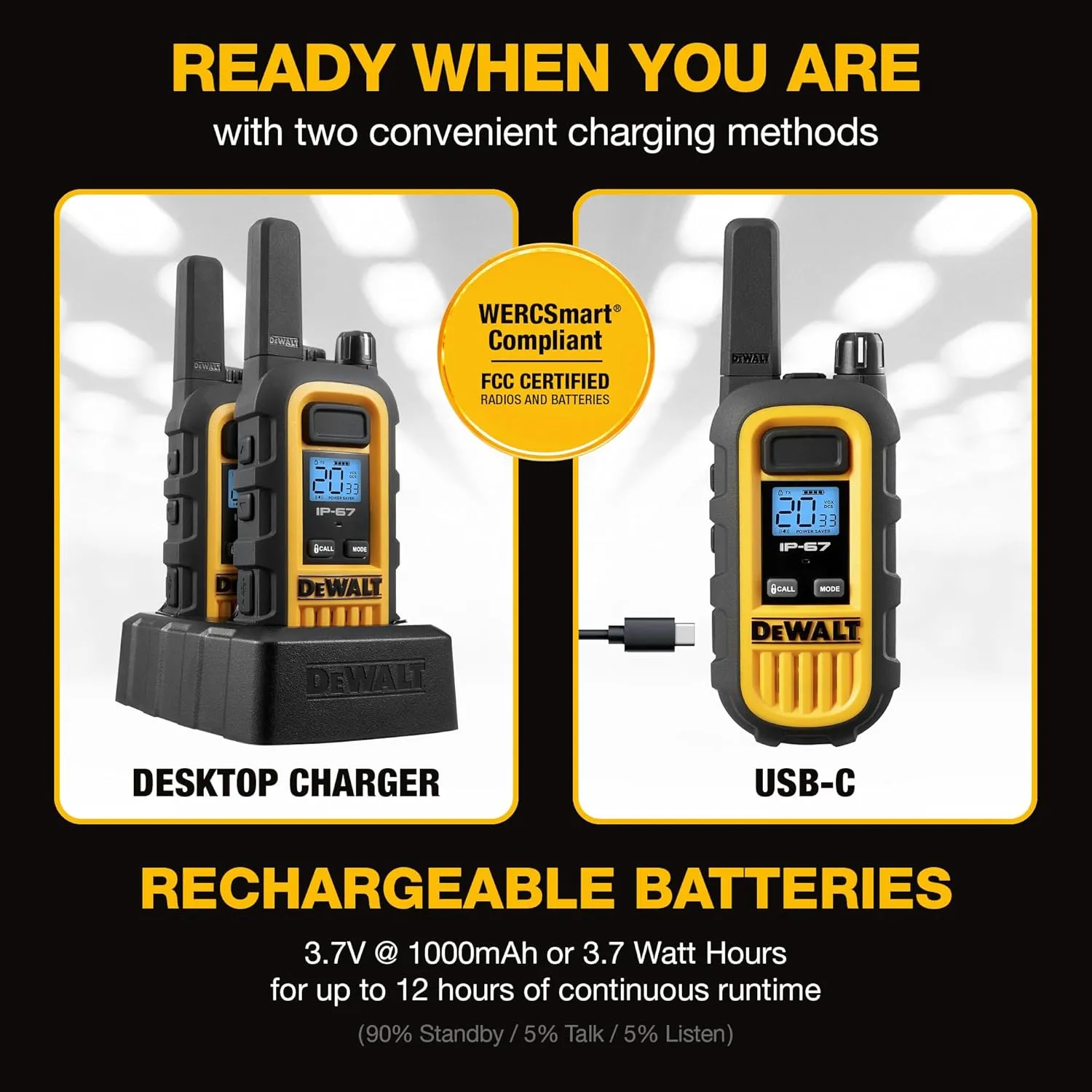 DEWALT DXFRS300 1 Watt Heavy Duty Walkie Talkies - Waterproof, Shock Resistant, Long Range & Rechargeable Two-Way Radio with VOX (2 Pack)