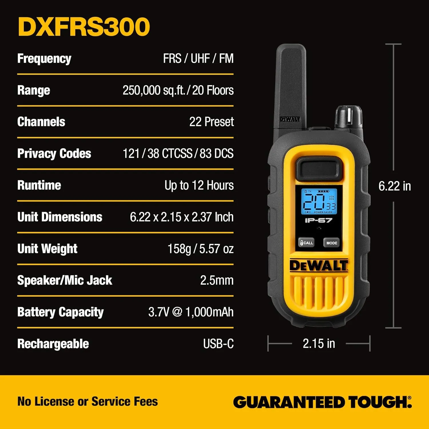 DEWALT DXFRS300 1 Watt Heavy Duty Walkie Talkies - Waterproof, Shock Resistant, Long Range & Rechargeable Two-Way Radio with VOX (2 Pack)