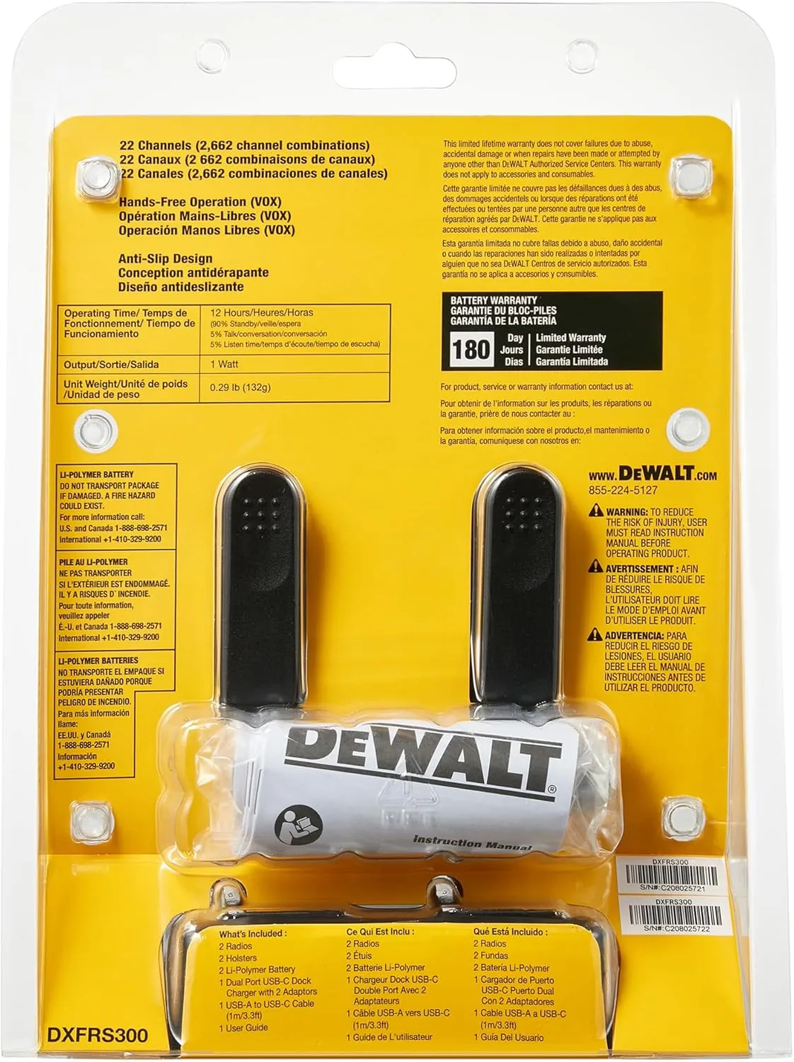 DEWALT DXFRS300 1 Watt Heavy Duty Walkie Talkies - Waterproof, Shock Resistant, Long Range & Rechargeable Two-Way Radio with VOX (2 Pack)