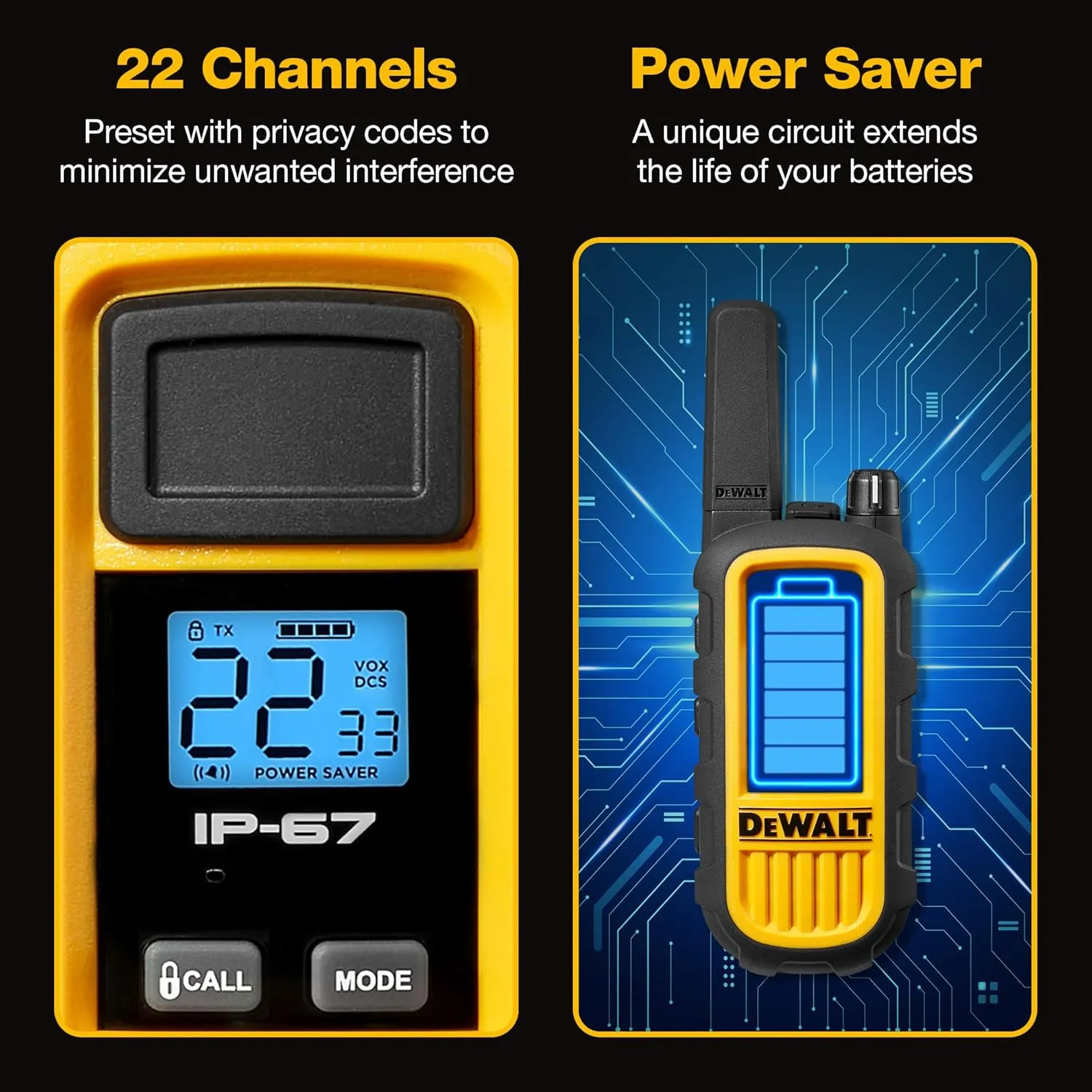 DEWALT DXFRS300 1 Watt Heavy Duty Walkie Talkies - Waterproof, Shock Resistant, Long Range & Rechargeable Two-Way Radio with VOX (2 Pack)