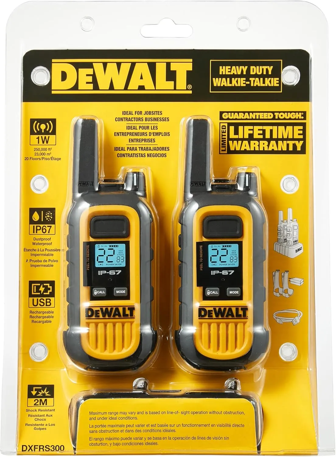 DEWALT DXFRS300 1 Watt Heavy Duty Walkie Talkies - Waterproof, Shock Resistant, Long Range & Rechargeable Two-Way Radio with VOX (2 Pack)