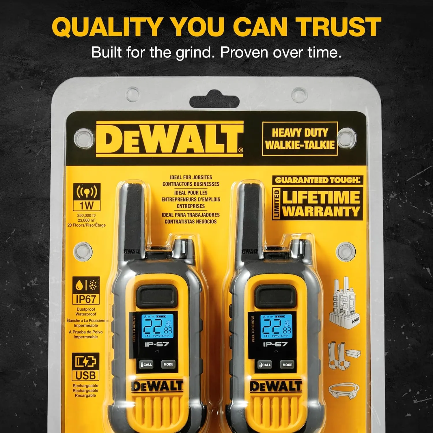 DEWALT DXFRS300 1 Watt Heavy Duty Walkie Talkies - Waterproof, Shock Resistant, Long Range & Rechargeable Two-Way Radio with VOX (2 Pack)