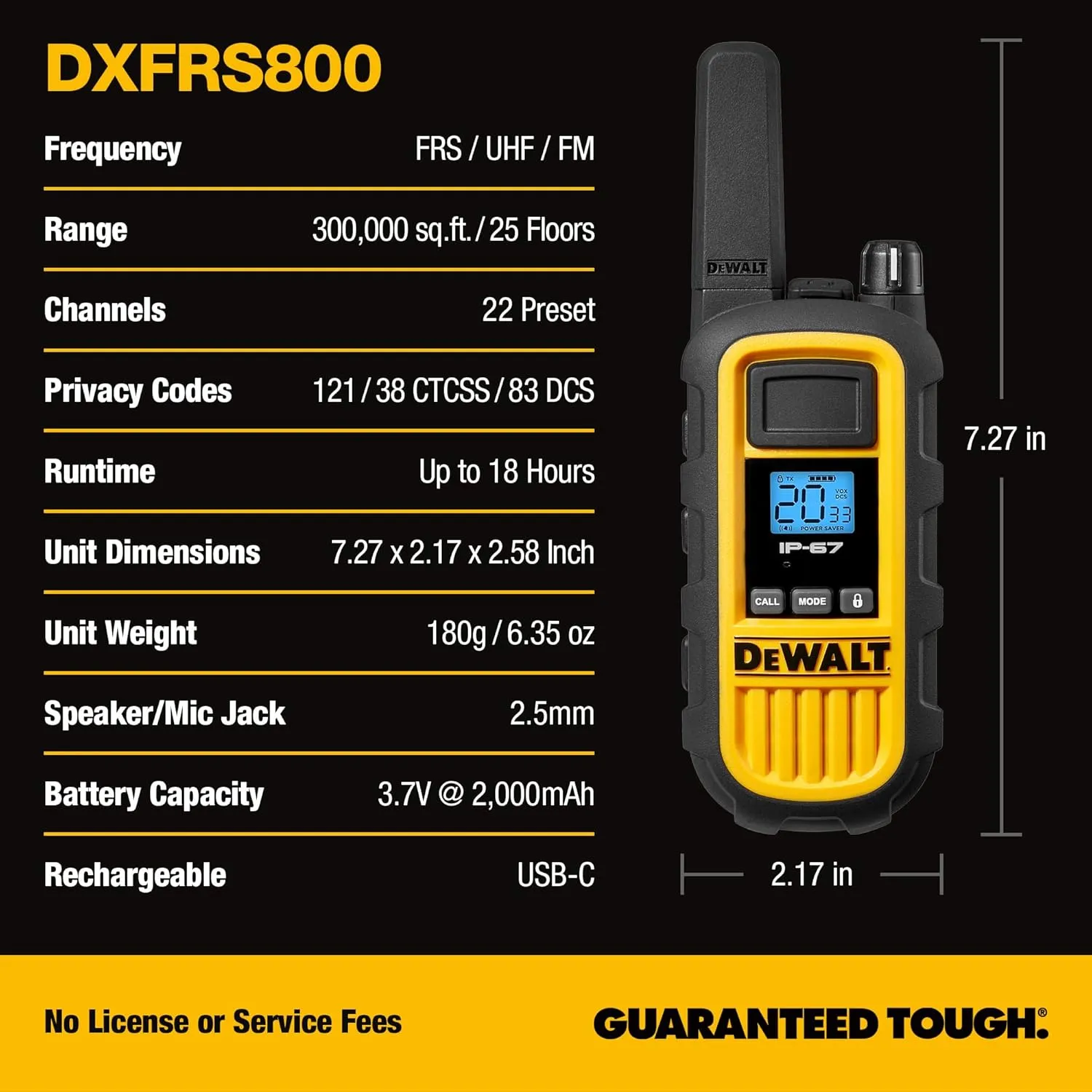 DEWALT DXFRS800 2 Watt Heavy Duty Walkie Talkies - Waterproof, Shock Resistant, Long Range & Rechargeable Two-Way Radio with VOX (2 Pack)