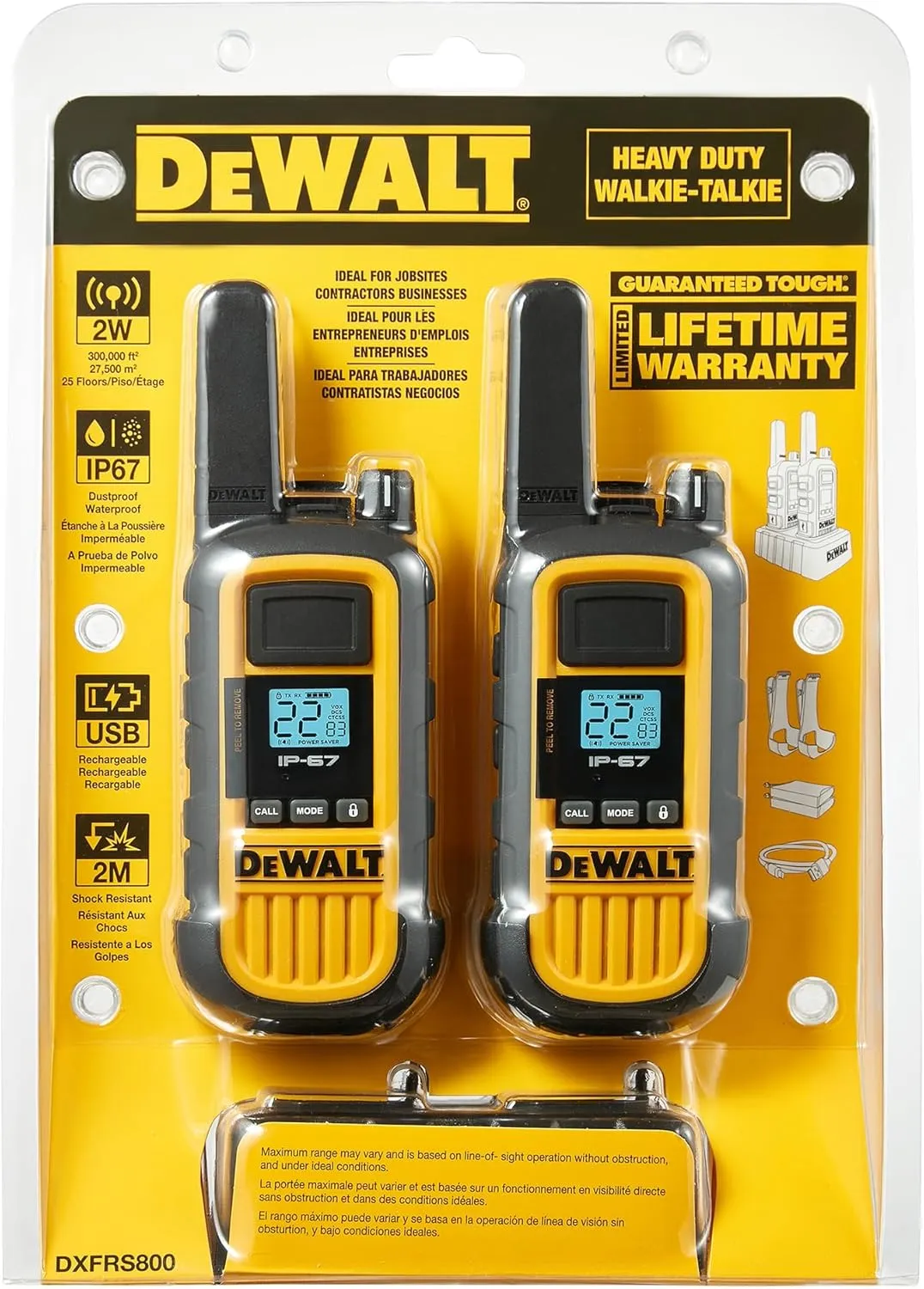 DEWALT DXFRS800 2 Watt Heavy Duty Walkie Talkies - Waterproof, Shock Resistant, Long Range & Rechargeable Two-Way Radio with VOX (2 Pack)