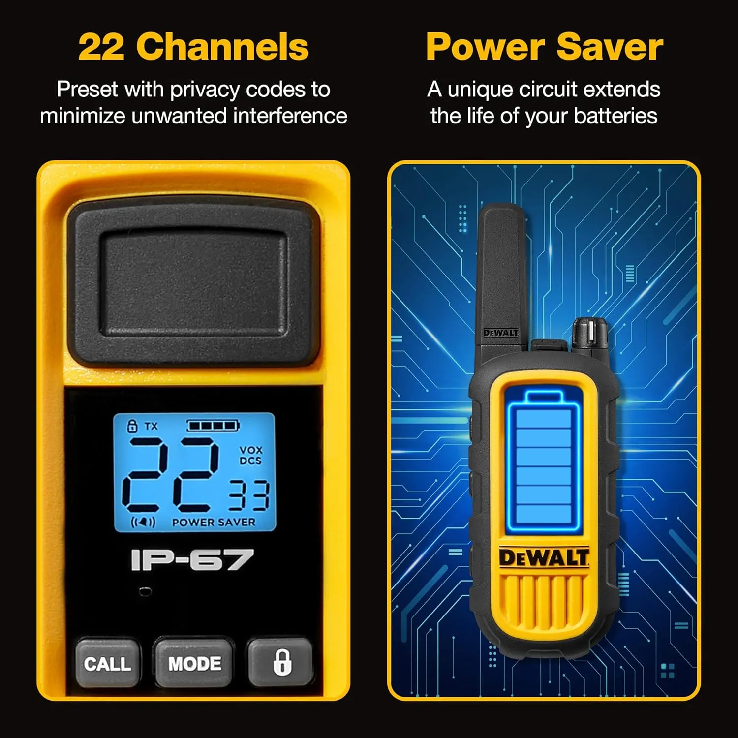 DEWALT DXFRS800 2 Watt Heavy Duty Walkie Talkies - Waterproof, Shock Resistant, Long Range & Rechargeable Two-Way Radio with VOX (2 Pack)