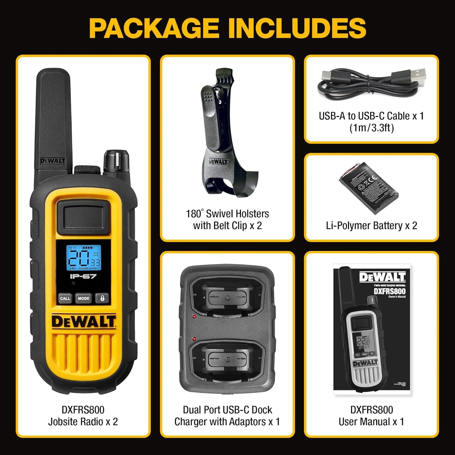 DEWALT DXFRS800 2 Watt Heavy Duty Walkie Talkies - Waterproof, Shock Resistant, Long Range & Rechargeable Two-Way Radio with VOX (2 Pack)
