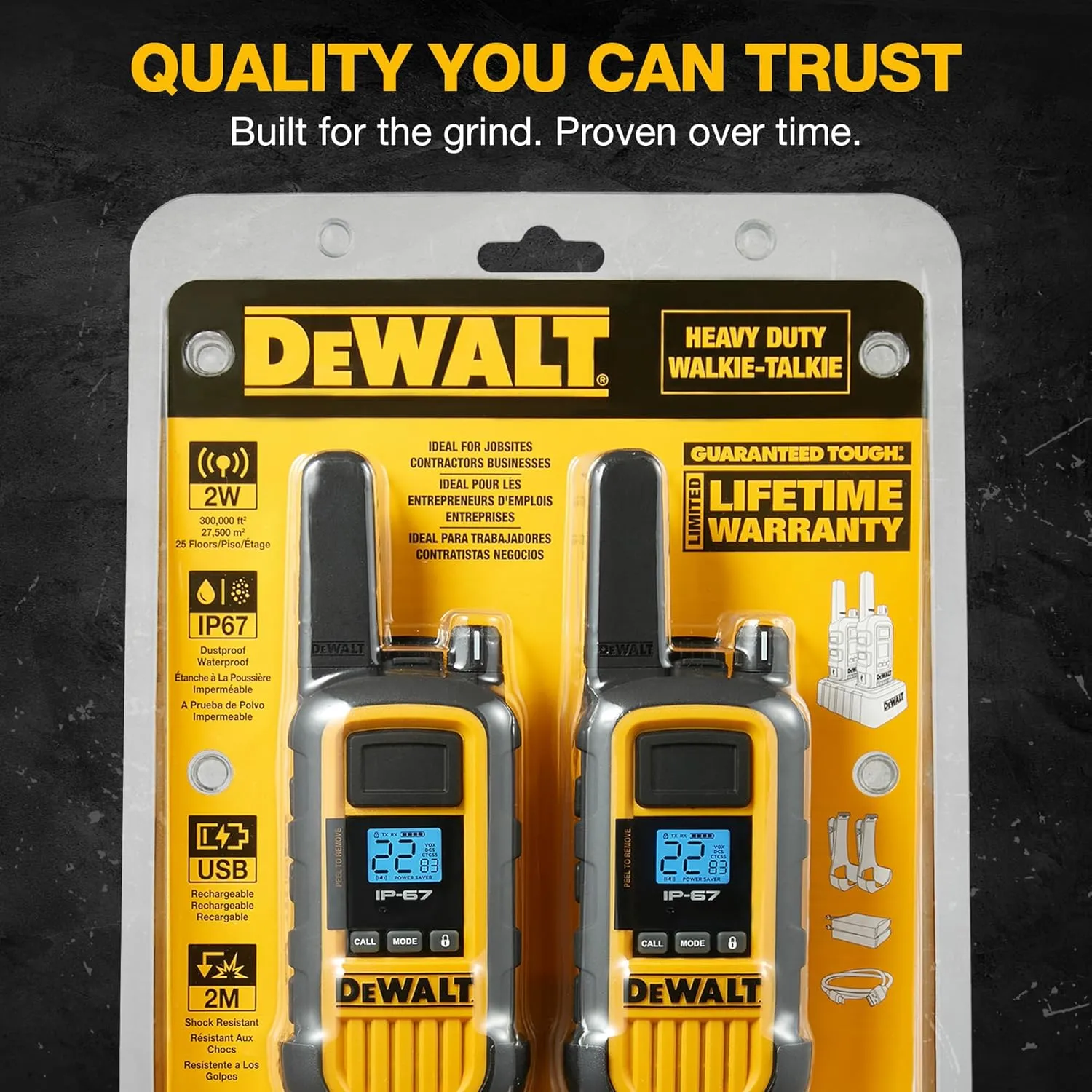 DEWALT DXFRS800 2 Watt Heavy Duty Walkie Talkies - Waterproof, Shock Resistant, Long Range & Rechargeable Two-Way Radio with VOX (2 Pack)