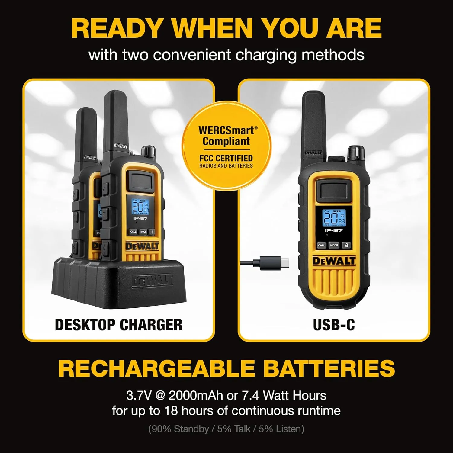 DEWALT DXFRS800 2 Watt Heavy Duty Walkie Talkies - Waterproof, Shock Resistant, Long Range & Rechargeable Two-Way Radio with VOX (2 Pack)