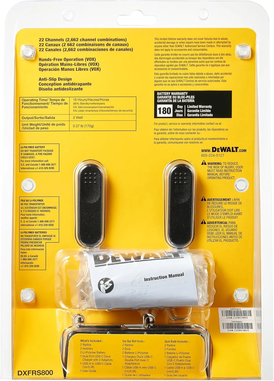 DEWALT DXFRS800 2 Watt Heavy Duty Walkie Talkies - Waterproof, Shock Resistant, Long Range & Rechargeable Two-Way Radio with VOX (2 Pack)
