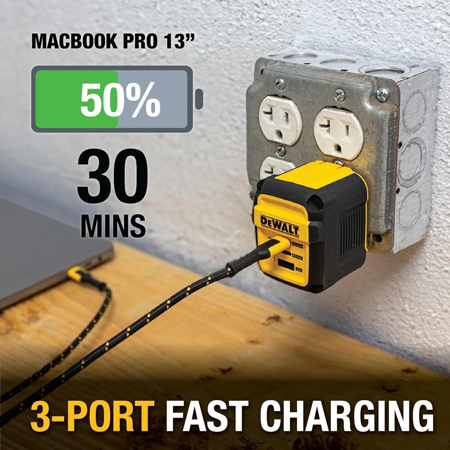 DEWALT Heavy Duty 3 Port Dual USB C Charger Block, USB C Power Adapter GaN Charger (65W), PPS 3-Port Fast Compact Foldable for MacBook Pro/Air, iPad Pro, Galaxy S23, Dell XPS 13, Note 20, iPhone 16/15