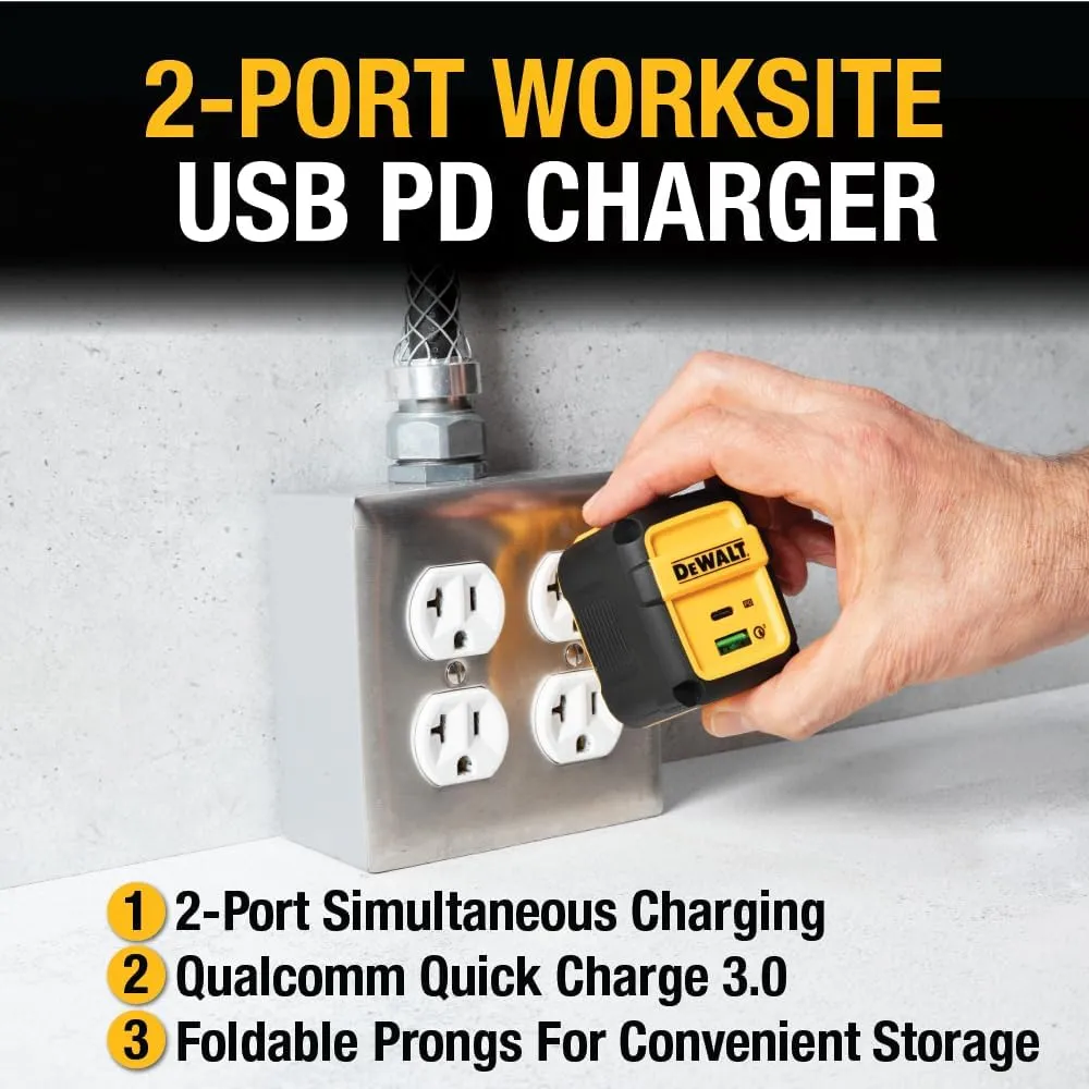 DEWALT Heavy Duty 49.5W Dual USB & USB C Charger Block (Cable Not Included), USBC Power Adapter, 2 Port Compact Foldable Fast Wall Charger for iPhone 16/15/14, Galaxy, Pixel 4/3, iPad - Black & Yellow
